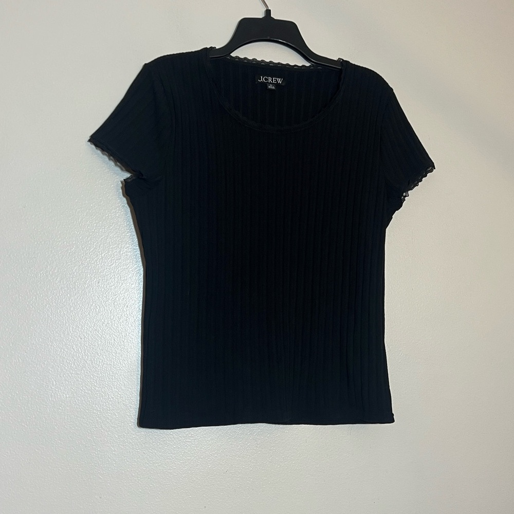 J. Crew Black Ribbed Short Sleeve Pointelle Lace Baby Doll Shirt XL - Picture 2 of 4